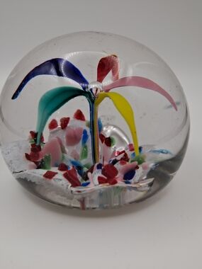 Vintage Murano Style Art Glass Paperweight Multicolor Millefiori Frand End 3"